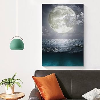 Amazon.co.jp: 絵画 満月の下の海インテリア 絵画 きらきら輝く